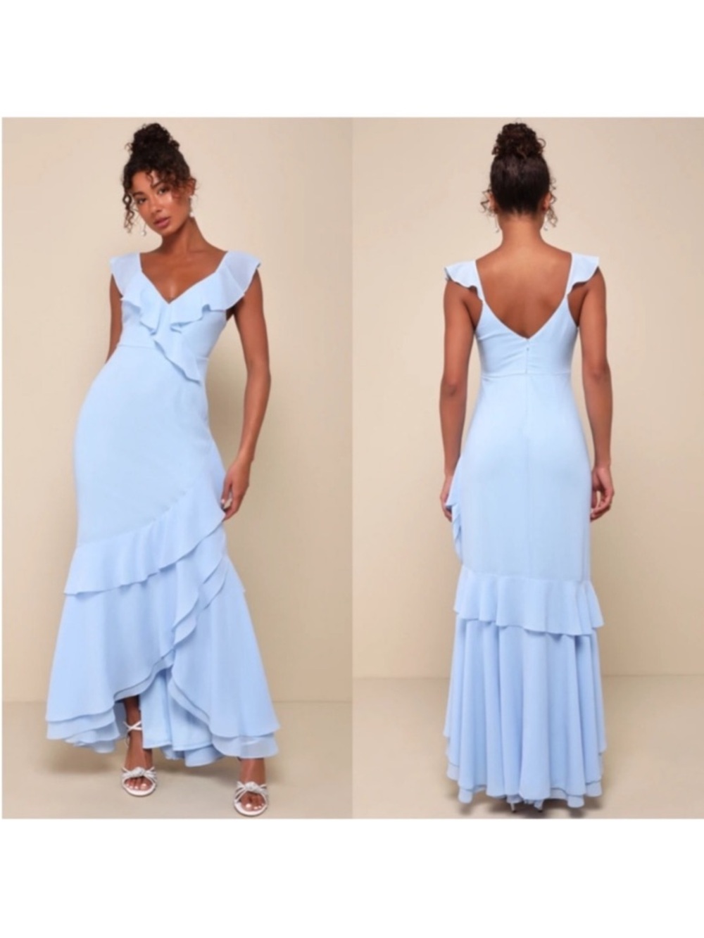 NWT - Lulus Charming Event Light Blue Asymmetrical Ruffled Maxi Dress Banquet